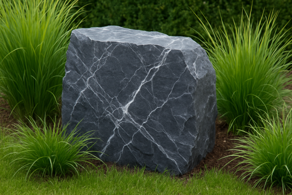 Dunkler Gesteinsblock mit weißen Aderungen, umgeben von grünem Gras.
